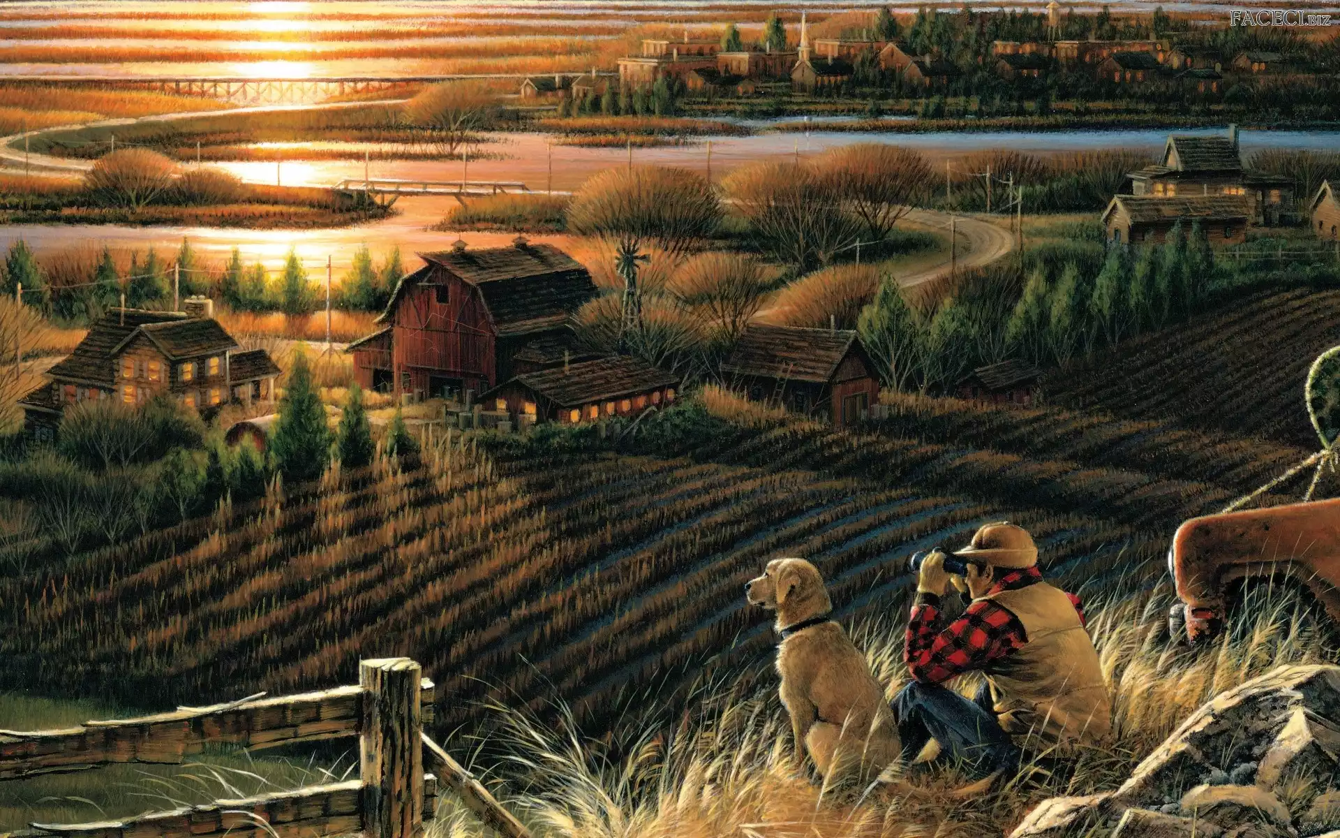 Mężczyzna, Pole, Obraz, Pies